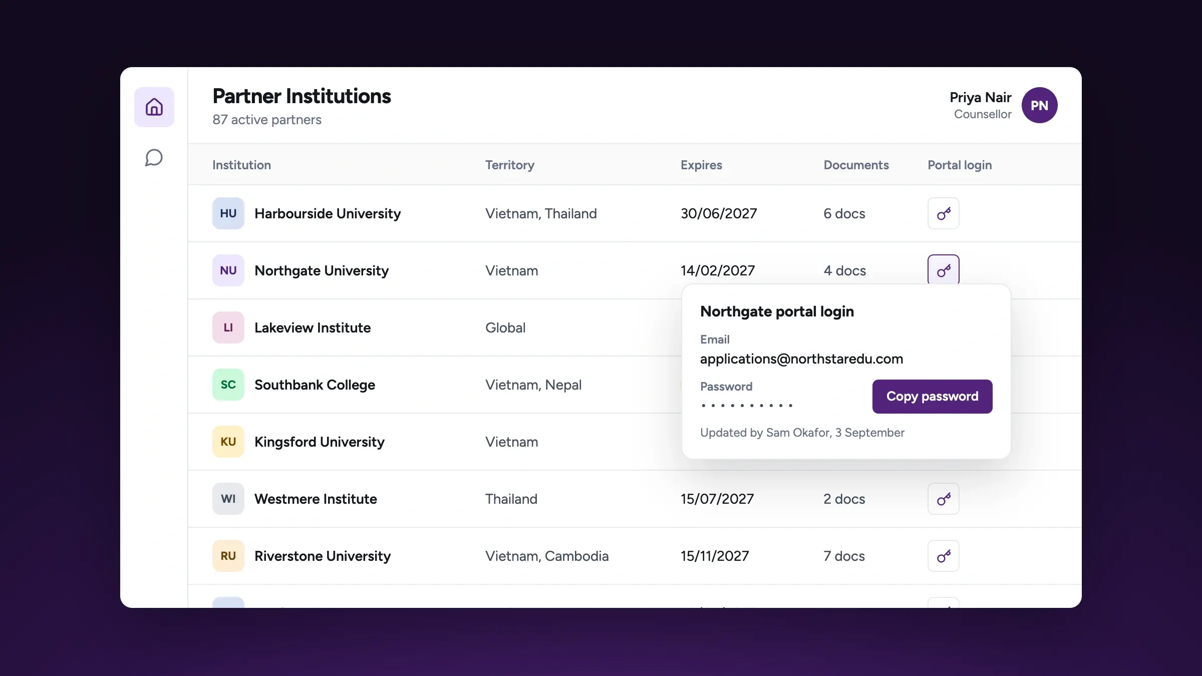 The Counsellor home page, showing partner institutions and a shared portal login