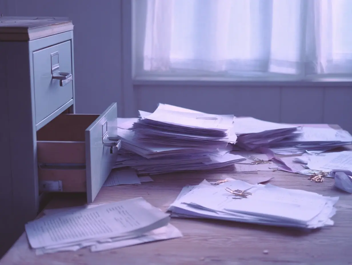 Printed contracts and folders spilling across a desk from an open filing drawer